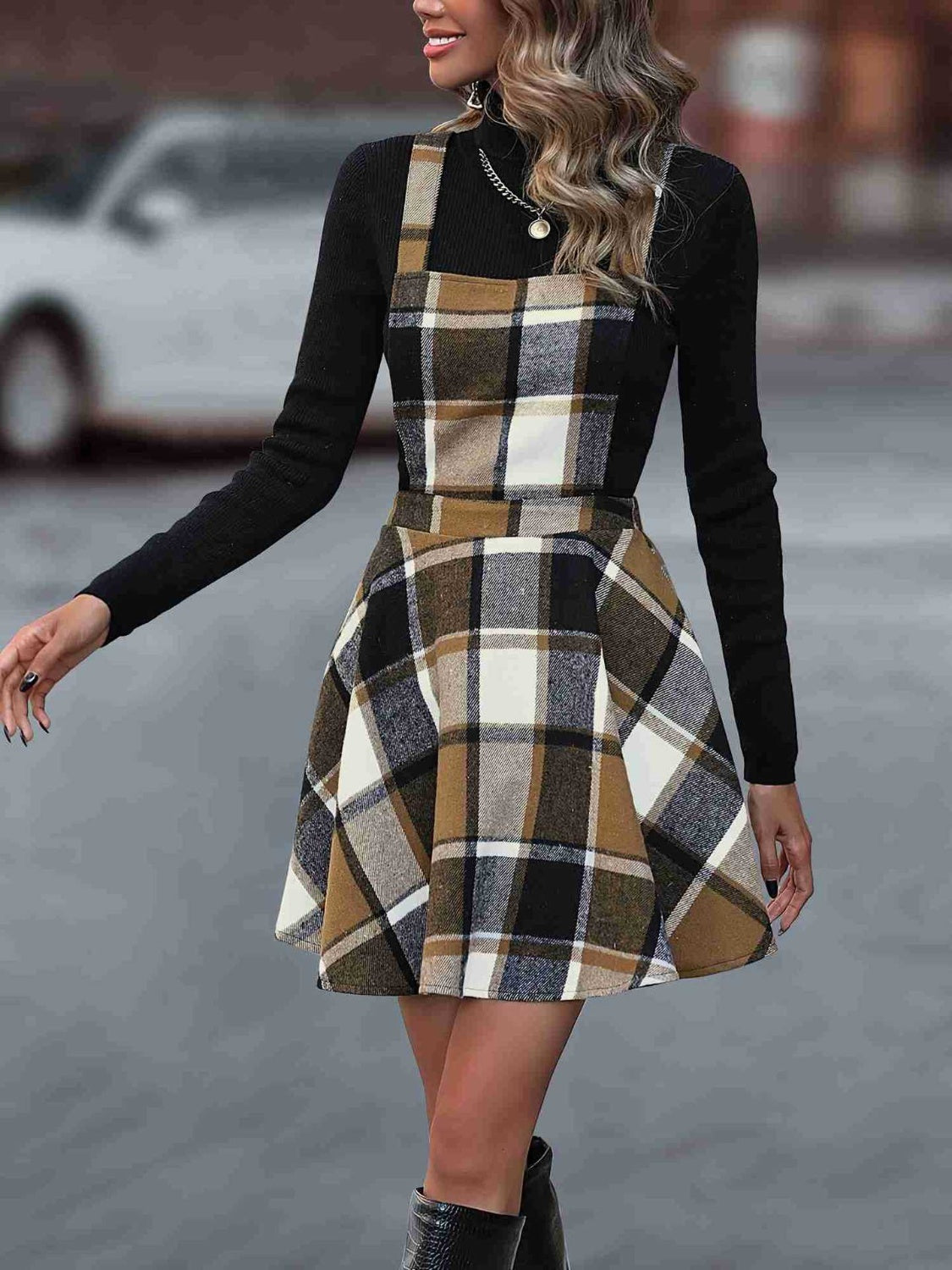 Crisscross Plaid Wide Strap Overall Dress